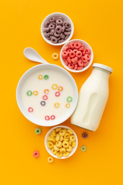 top-view-cereal-bowls-with-milk